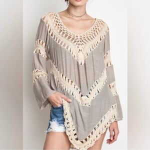 Umgee‎ XL Bohemian Crochet Trim Top V-Neck Boho Layer Beach Vacay Bohemian Hang